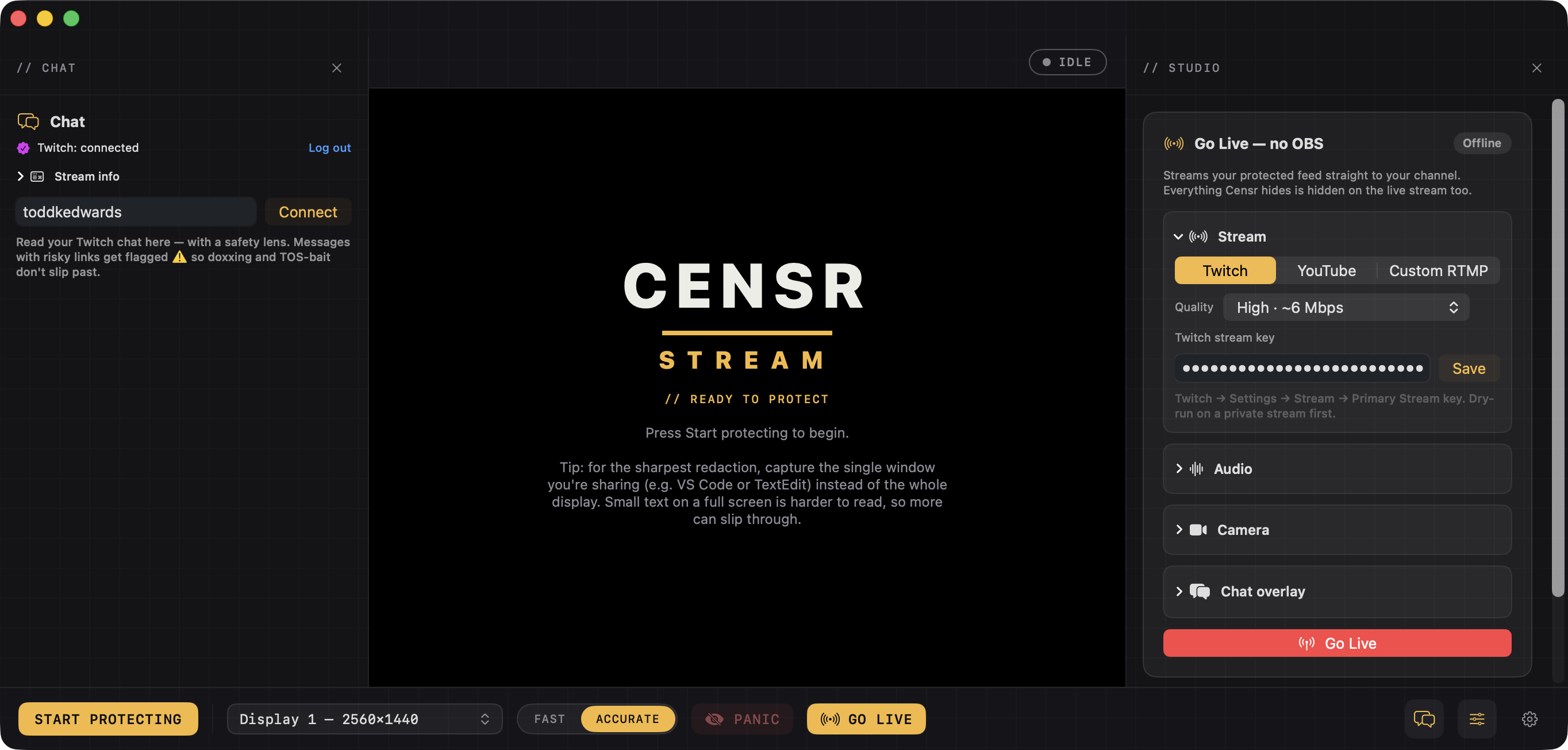 The Censr Stream cockpit — Twitch chat with a safety lens on the left, the protected preview in the center, and the Studio panel on the right with Go Live (no OBS), audio mixer, camera and chat overlay controls, plus a Start Protecting / Panic / Go Live toolbar.